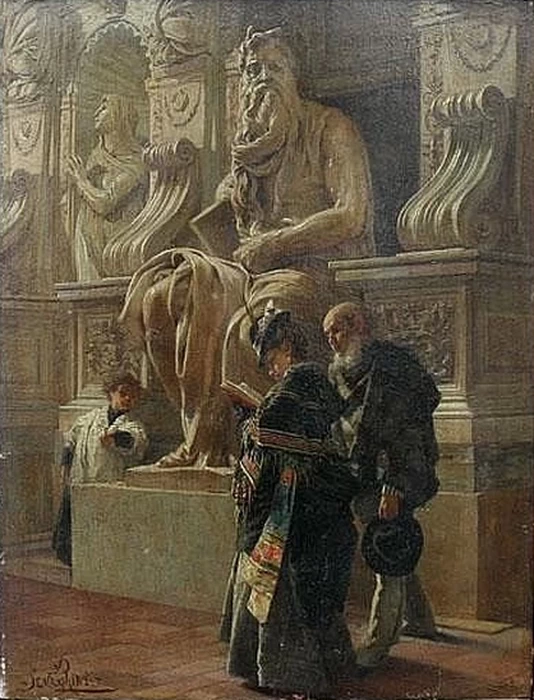 Tre figure davanti alla scultura di Michelangelo di Mosè seduto